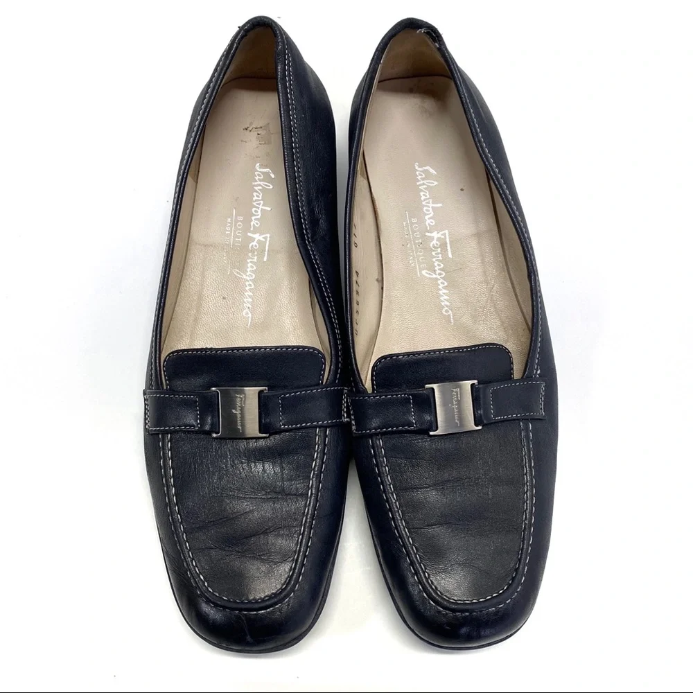 Salvatore Ferragamo Navy Blue Leather Loafers